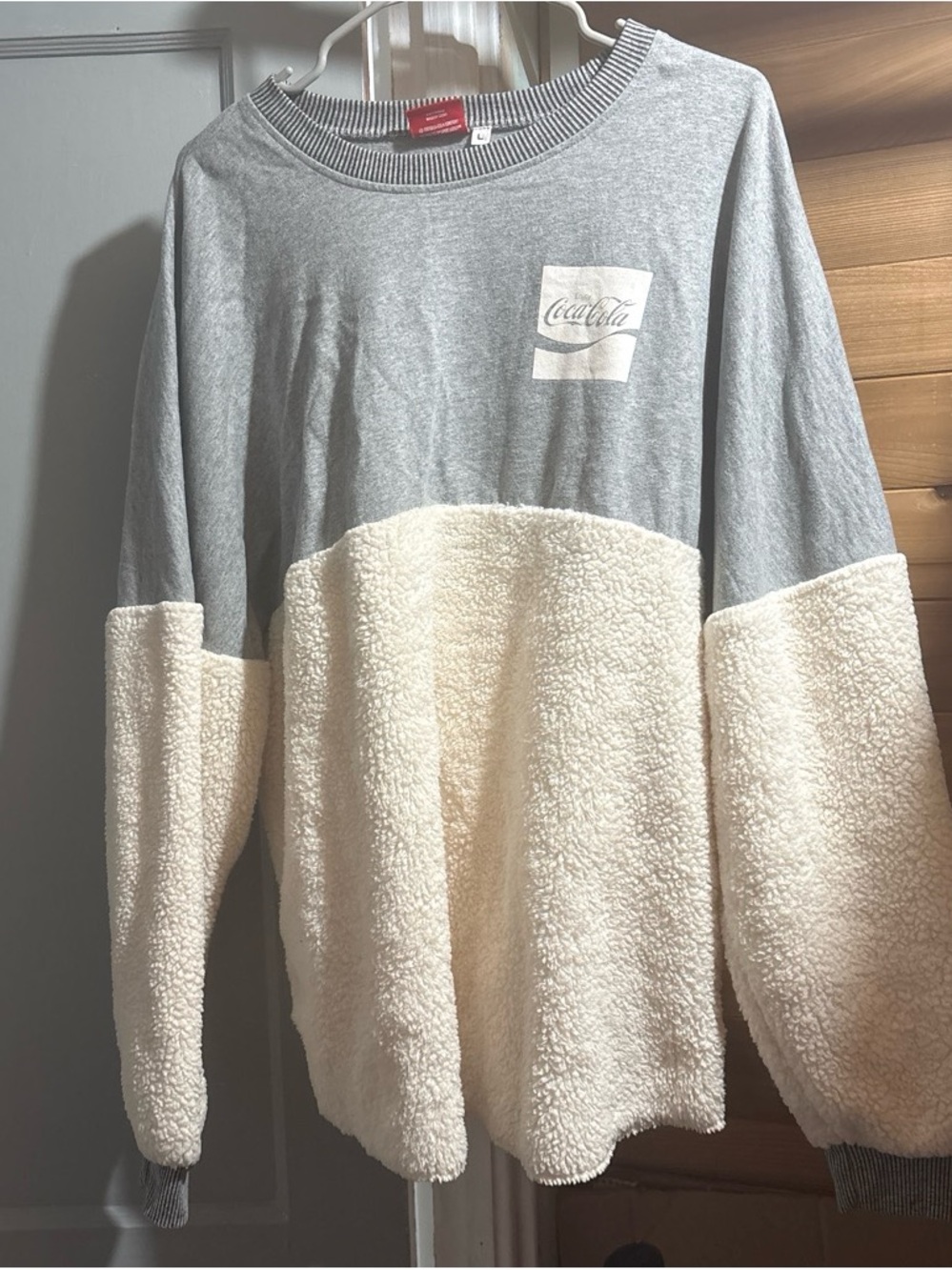 Coca Cola Men’s Gray and Cream Sherpa Crewneck Sweatshirt
